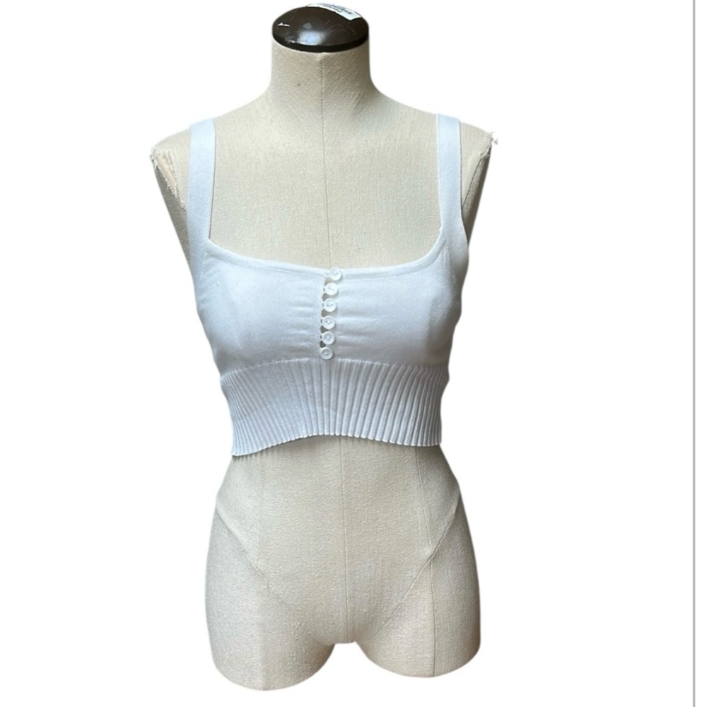 Blush Boutique White Knit Wide Strap Crop Top With Button Front Accents